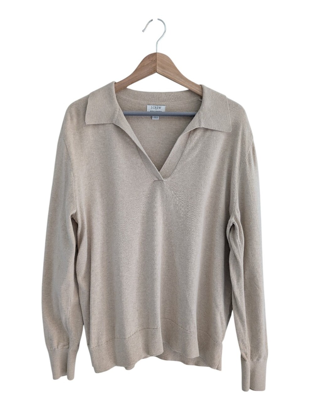 J. Crew Cashmere Blend Neutral Beige Collared Long Sleeve Polo Women's Size L